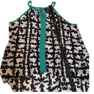 Nicole Miller large sleeveless high low semi sheer top black and aqua green